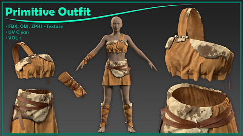 primitive female outfit with texture/ zprj+obj+fbx+4K PBR/ clo3d, marvelous designer