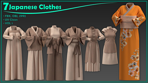 7 female japanese clothes/ zprj+obj+fbx/ clo3d, marvelous designer/outfit