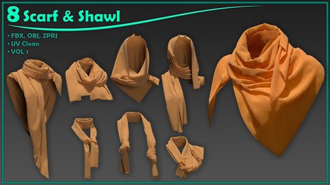 8 female scarf and shawl/ zprj+obj+fbx/ clo3d, marvelous designer