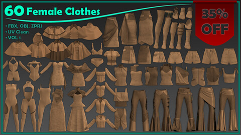 60 female clothes/ zprj+obj+fbx/ clo3d, marvelous designer/pants, blouse, short, cloak, skirt, bra, panty, bodysuit, sock, top, dress/mega pack vol1