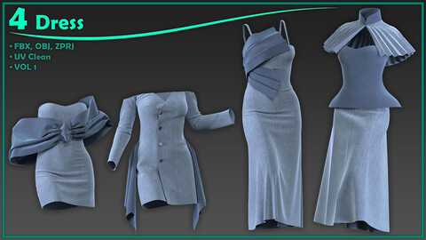 4 classic dress/ zprj+obj+fbx/ clo3d, marvelous designer