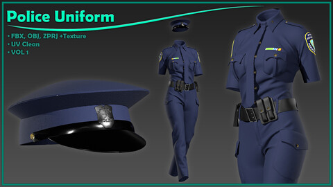 female police uniform with texture/ zprj+obj+fbx+4K PBR/ clo3d, marvelous designer