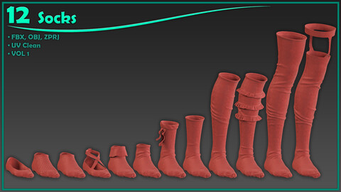 12 female socks/ zprj+obj+fbx/ clo3d, marvelous designer