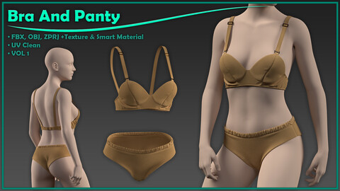 bra and panty with texture+ smart material/ zprj+obj+fbx/ clo3d, marvelous designer