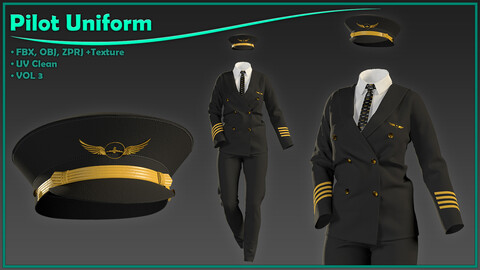 female pilot uniform with texture/ zprj+obj+fbx+4K PBR/ clo3d, marvelous designer/vol3