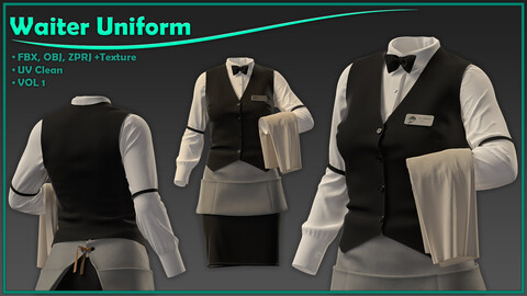 female waiter uniform with texture/ zprj+obj+fbx+4K PBR/ clo3d, marvelous designer/outfit