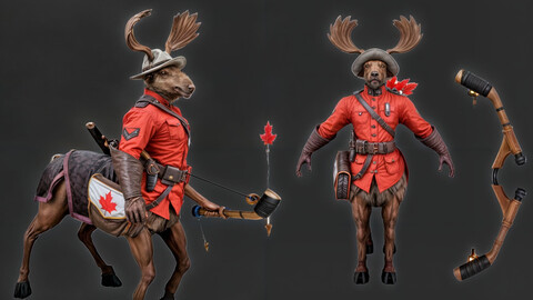 A sculpture of a moose in a red jacket and hat carrying a backpack and holding a bow and arrow