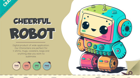 Cheerful Cartoon Robot. T-Shirt, PNG, SVG.