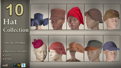 10 Hat collection/Marvelous designer+clo3D+3D MAX/ZPRJ+FBX+OBJ+MAX/Texture/A pose/Quad/CM