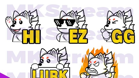 Twitch emotes kyubi fox lurk, hi, gg, ez & rage pack