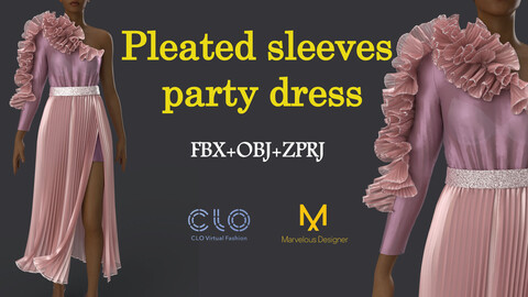 Pleated sleeves formal dress -CLO3D, MD PROJECTS+OBJ+FBX