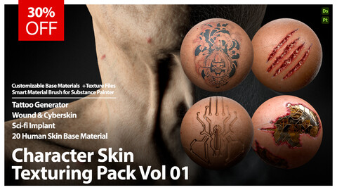 Character Skin Texturing Pack Vol1 | Tattoo, Wound, Sci-Fi, Cyberskin Brush Smart Material and Human Skin Base Material