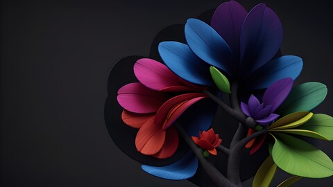 colorful flowers on a tree with a black background.