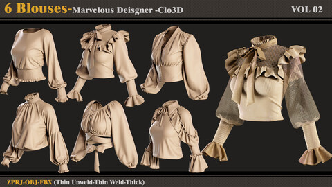 6 Blouses /MD-Clo3D (ZPRJ + FBX + OBJ) -VOL 2