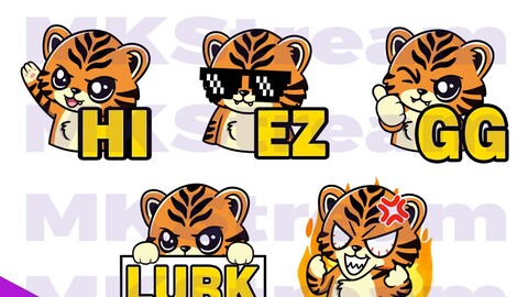 Twitch emotes cute tiger lurk, hi, gg, ez & rage pack