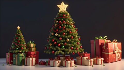 a christmas tree with presents underneath it and a christmas tree with a star on the top