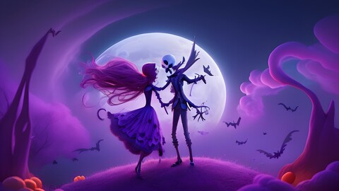 a cartoon illustration of a woman and a man with a purple dress and the silhouette of a skeleton.