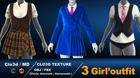 3 Girl's outfit pack / marvelous designer / clo3d / OBJ / FBX