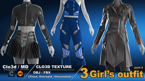 3 Girl's outfit pack / marvelous designer / clo3d / OBJ / FBX