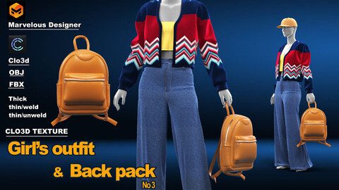 Girl's outfit with Backpack / marvelous designer / clo3d / OBJ / FBX