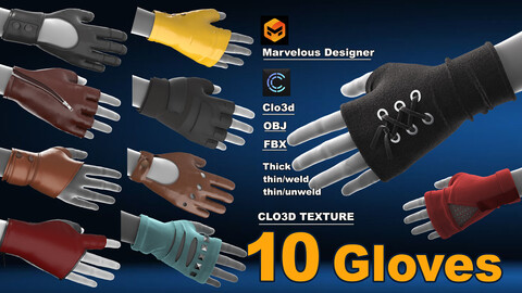 Pack of 10 gloves / marvelous designer / clo3d / OBJ / FBX