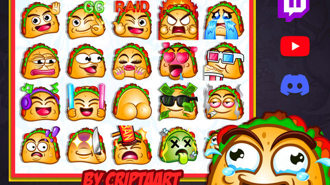 Taco emotes mega pack, fast food Twitch emoji, kawaii icons, items for movie streaming, Discord, Tiktok, Youtube