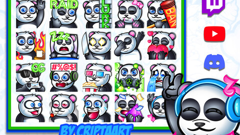 Panda Emotes mega pack, Bear Twitch emoji, kawaii animal icons, items for streaming, Discord, Tiktok, Youtube