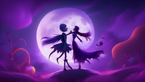 a cartoon illustration of a couple kissing in front of a purple moon.