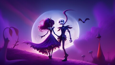 a cartoon drawing of a woman and a skeleton with a purple background with a woman in a purple dress and a skeleton.