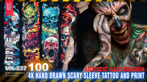 100 4K HAND DRAWN SCARY SLEEVE TATTOO AND PRINT - ARTISTIC ILLUSTRATION - HIGH END QUALITY RES - (TRANSPARENT & ALPHA) - VOL237