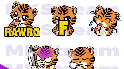 Twitch emotes cute tiger knife, sip, howl, f & laugh pack