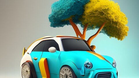 a blue car with a tree on the roof