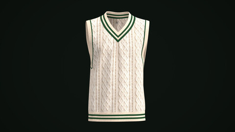 Mens V-neck Loose Sleeveless Plain Knitted Striped Trim Cable Knit Sweater Vest