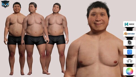 Realistic Asian Fat Man Low-poly