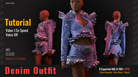 The Process of Creating Denim Dress Tutorial(17) in CLO3D. MD, ZPRJ project+OBJ+FBX