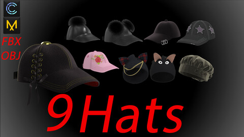 9 hats(cap) (zprj files + obj + fbx + uvs +texture sets)