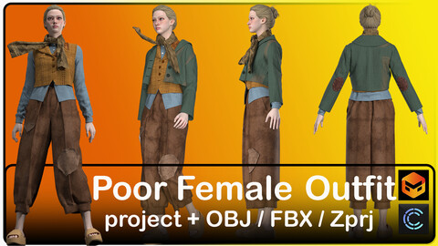 Poor Female Outfit (5 pieces of clothing) Marvelous Designer/Clo3D Project File + OBJ,FBX,Zprj