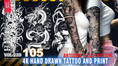 105 4K HAND DRAWN TATTOO AND PRINT - ARTISTIC ILLUSTRATION - HIGH END QUALITY RES - (TRANSPARENT & ALPHA) - VOL239