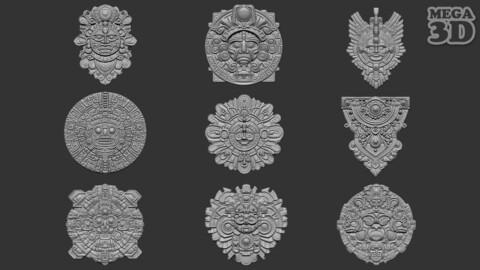 Mayan Pendant Bas relief Pack 240513 3D Model Collection