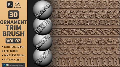 30 Ornament Trim Brush (Path Tool,Roll Brush,IMM Curve Brush,4K Seamless Alpha 16Bit) - Ornament Library VOL 02