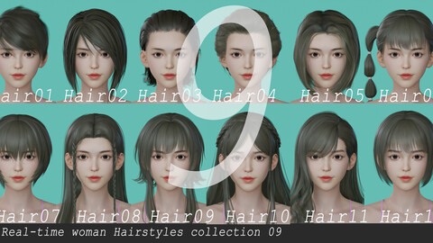 12 Real-time woman Hairstyles collection 09 hair stylized haircut head girl young female blonde brunette beautiful wig character hairstyle haircut human real time ingame lowpoly