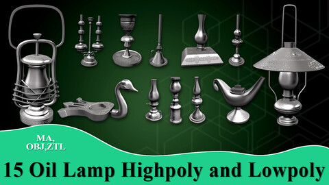 15 Oil Lamp Highpoly and Lowpoly