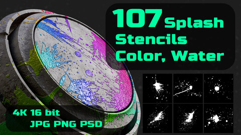 107 Splash Stencils ( Water and Color Paint) - Real world Scans- 16bit 4k- PSD JPG PNG-