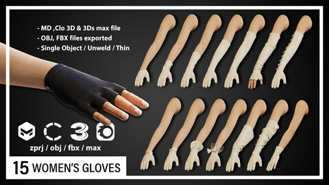 15 WOMEN'S GLOVES (CLO3D, MD PROJECTS+OBJ+FBX)