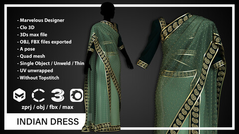 INDIAN DRESS (CLO3D, MD PROJECTS+OBJ+FBX)