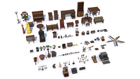 80 Vintage Antique Interior Exterior Furniture Props Collection - Game Ready Low Poly