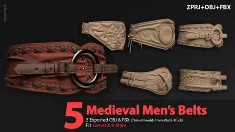 5 Medieval Men's Belts Pack (VOL.01). Marvelous Designer/Clo3D project file+OBJ,FBX