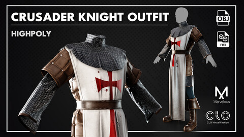 Medieval Crusader Knight Outfit , Marvelous / Clo3d + OBJ , FBX + 4K Textures