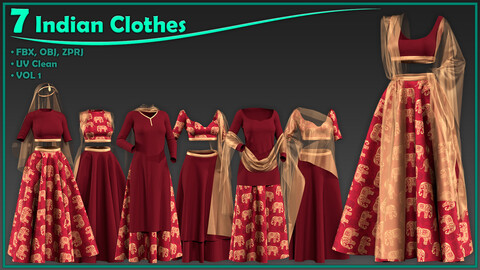 7 female Indian clothes/ zprj+obj+fbx/ clo3d, marvelous designer/dress