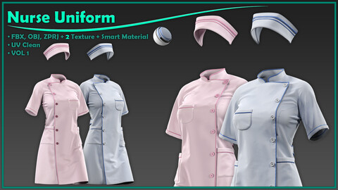 female nurse uniform with 2texture and smart material/ zprj+obj+fbx+4K PBR+SPSM/ clo3d, marvelous designer/outfit